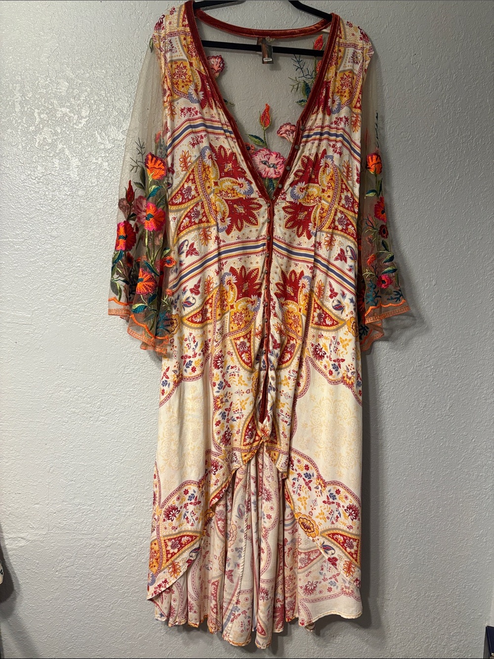 Embroidered V-Neck High-Low Dress in Cream & Red